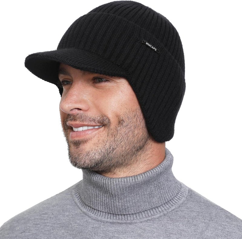 Wmcaps Winter Beanie with Brim and Ear Flaps, Outdoor Warm Fleece Lined Knit Hat Stocking Caps for Men Women - Image 1
